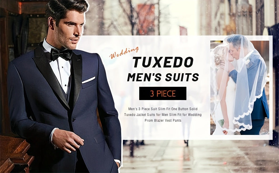 Formal 3 Pieces Set, Men's Peak Lapels Suit Jacket & Single Breasted Vest & Dress Pants Suit Set For Business Banquet Wedding Party