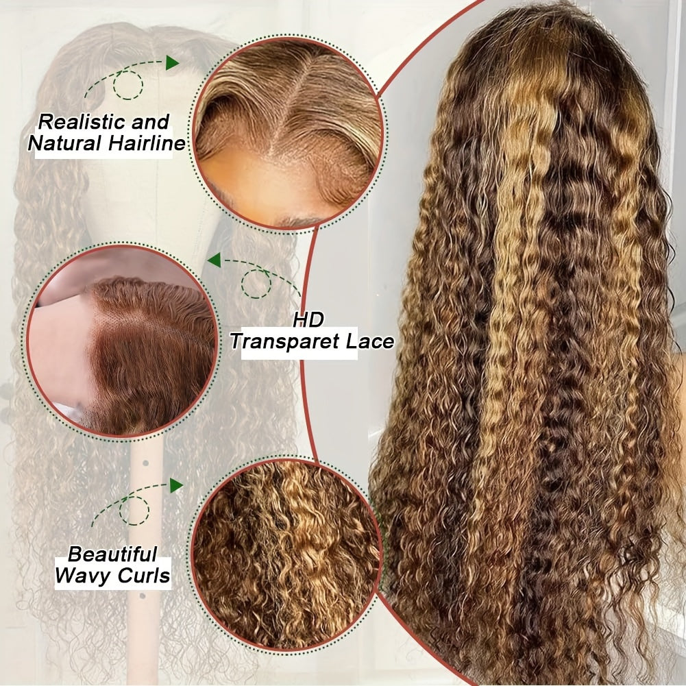 Highlight Ombre 13x4 Lace Front Wig Human Hair Pre Plucked HD Transparent 4/27 Honey Blonde Lace Frontal Wigs With Baby Hair 200% Density Colored Water Wave Lace Front Wig Human Hair For Women
