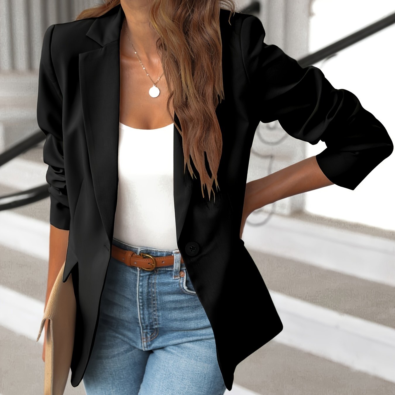 [Long Sleeve Work Blazer Jacket] Solid Lapel Blazer Jacket, Casual Long Sleeve Work Office Outerwear With Pockets, Women's Clothing