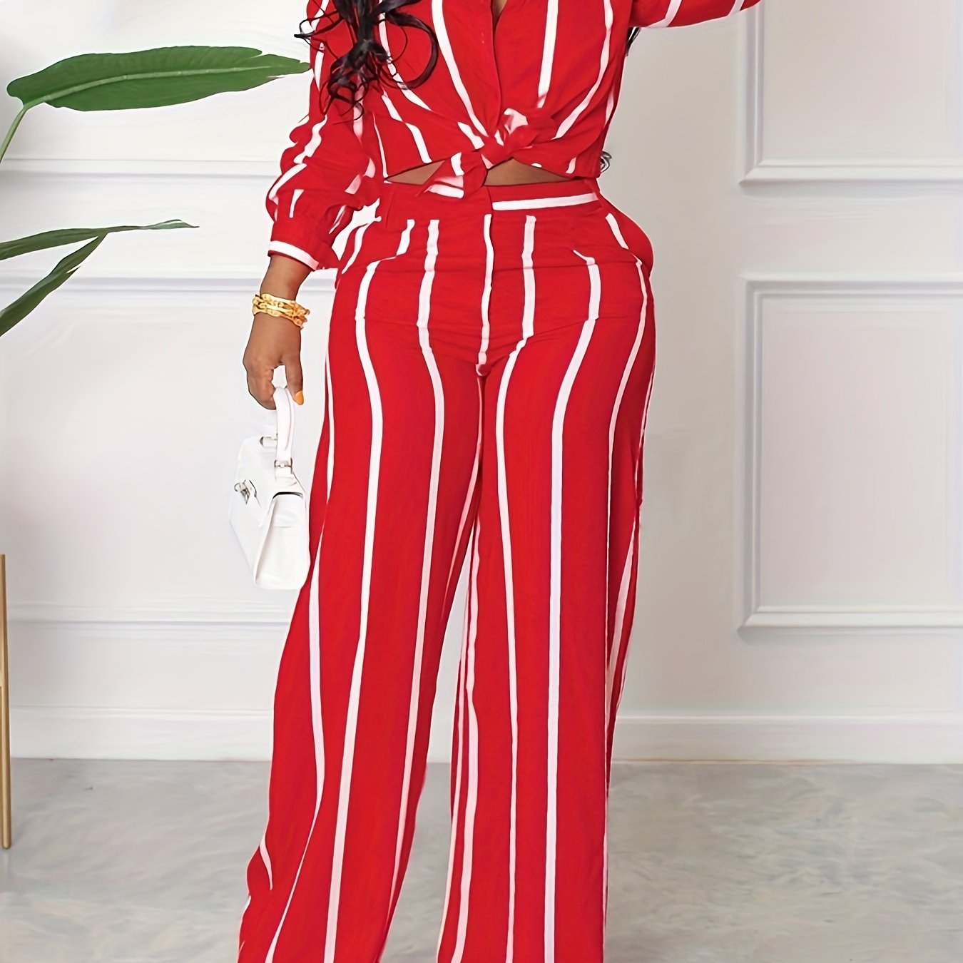 [Two-piece Set Long Sleeve Shirt] Striped Print Two-piece Set, Button Front Collar Long Sleeve Shirt & High Waist Wide Leg Loose Pants Set, Women's Clothing