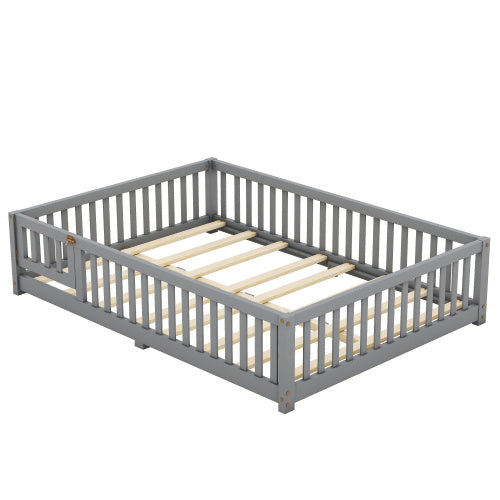 Full Size Bed Floor Bed With Safety Guardrails And Door For Kids, Gray
