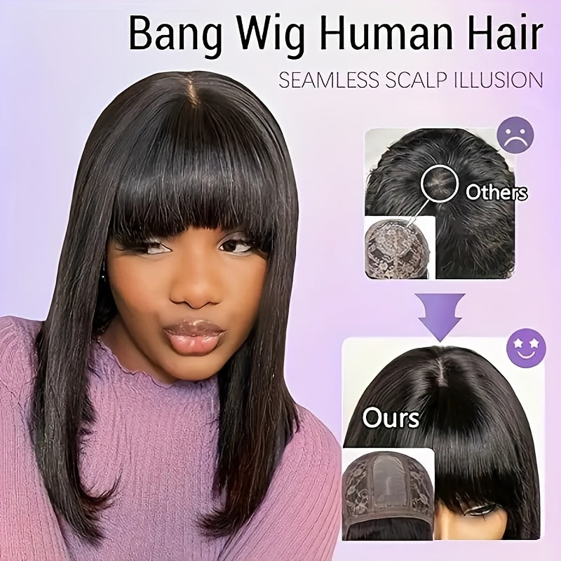 Women's Glueless Bob Wig with Bangs - Natural Black Human Hair, 150% Density (2x1 Ratio), Brazilian Hair, No Glue Needed, Adjustable Bangs & Pre-Plucked Front with Baby Hair, Everyday & Special Occasion Hairstyle - Suitable f