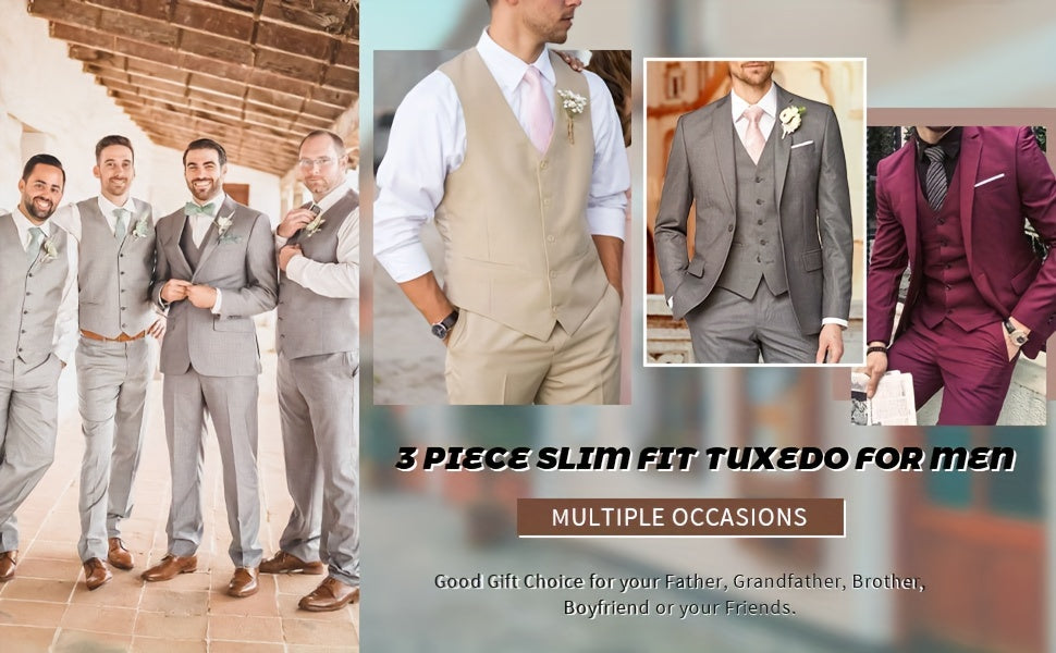3-Piece Formal Suit Set - Classic One-Button Jacket, Single-Breasted Vest, and Fitted Pants for Business Dinners, Weddings, and Parties - High-Quality Fabric, Comfortable Fit, and Versatile Style