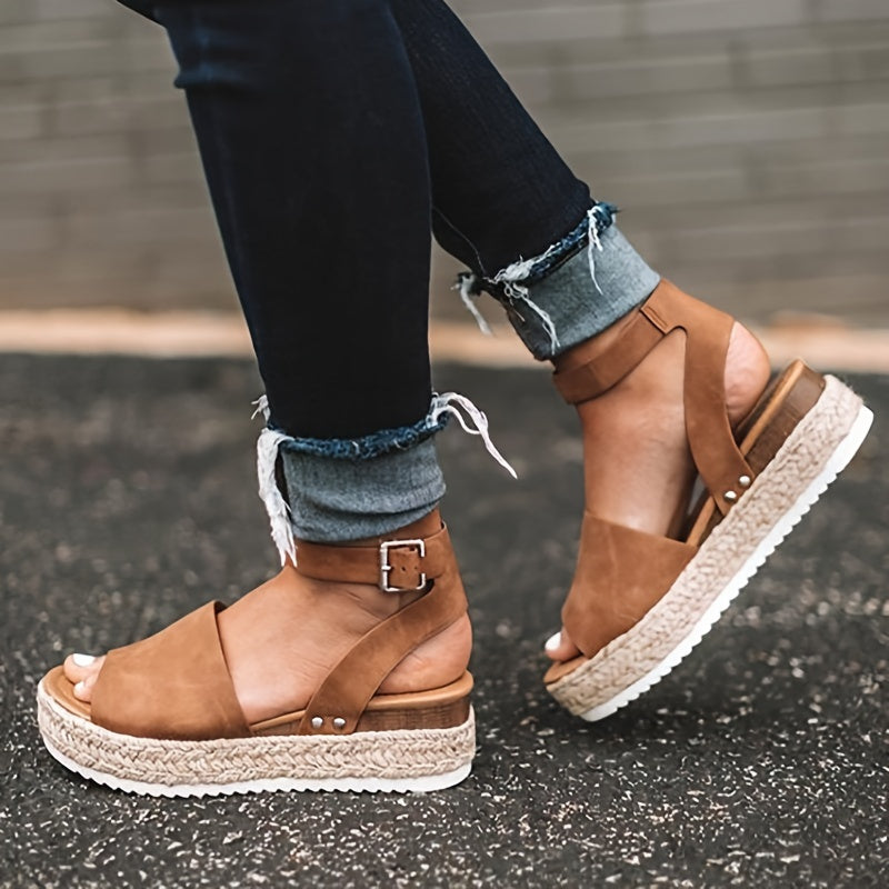 Mid Heel Platform Espadrille Sandals - Buckle Ankle Strap, Open Toe, Lightweight, Non Slip, Faux Leather Upper, PU Sole, Comfortable, Casual, Solid Color, Summer Shoes for Women