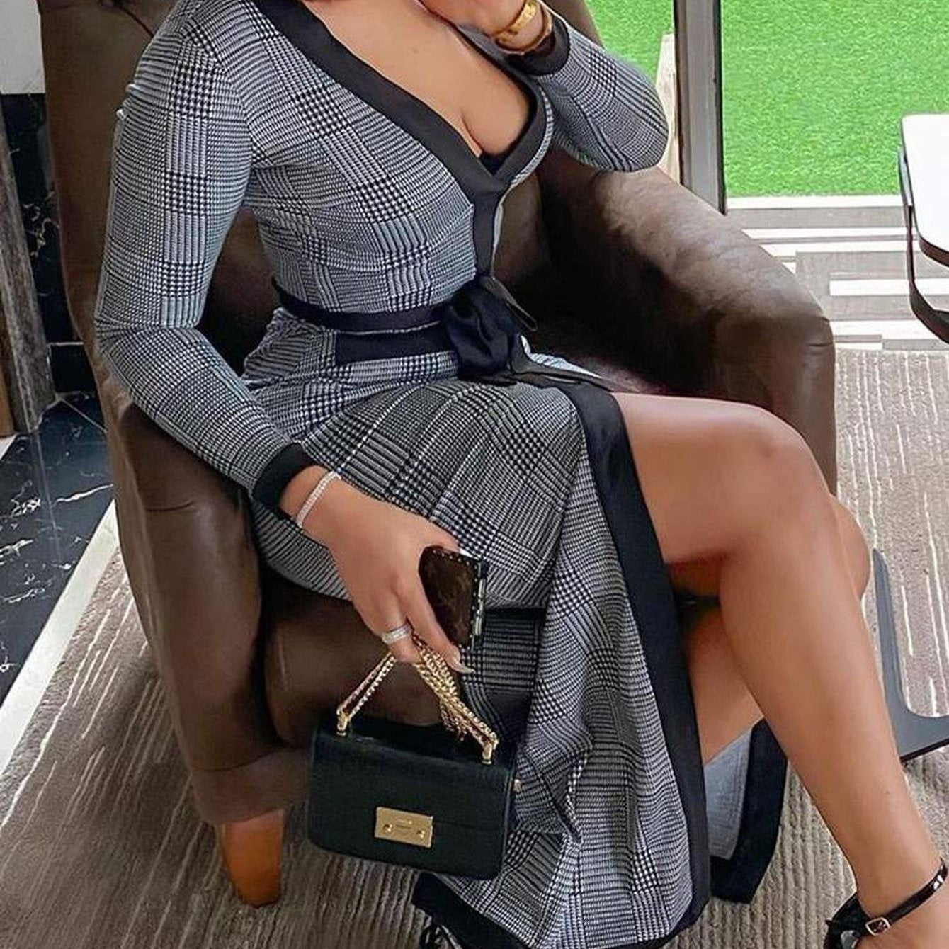 High Slit Plaid Long Sleeve Plunge Maxi Dress Women High Slit Plaid Long Sleeve Plunge Maxi Bodycon Dress Womens Party Dress