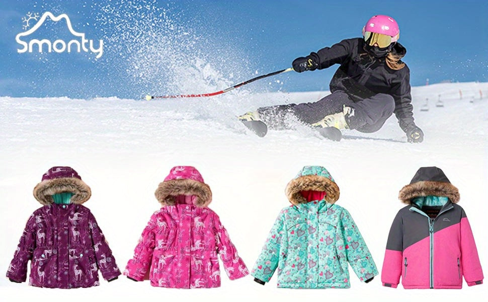 Kids' Waterproof and Warm Snowflake Ski Jacket - Insulated Hooded Winter Coat with Adjustable cuffs, Hem and Waistband - Ideal for Girls' Winter Outdoor Activities