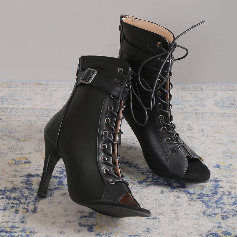 Women's Pointed Toe Lace-up High Heels, Sexy Black Buckle Belt Stiletto Heels Boots, Cross Strap Sandals