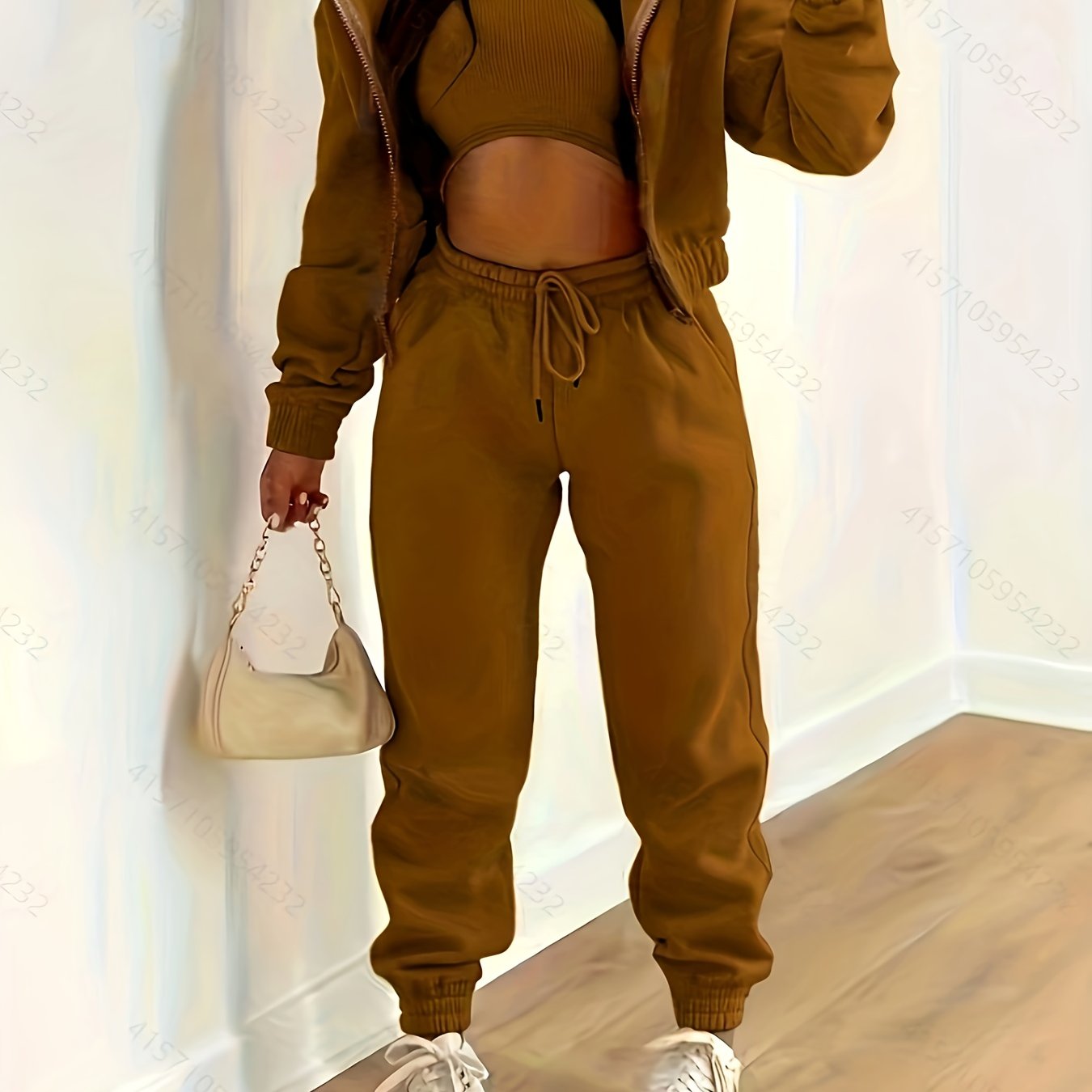 Three-Piece Casual Outfit Set - Zip-Up Hooded Jacket, Sleeveless Crew Neck Tank Top, and Drawstring Elastic Waist Jogger Pants - Comfortable, Versatile, and Stylish Women's Clothing for Everyday Wear