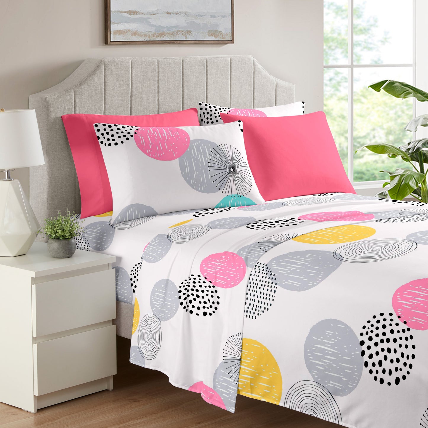 4/6 pcs Circle Printed Microfiber Bed Sheet Set 1/2 Solid Pillowcases + 1/2 Printed Pillowcases + 1 pc Flat Sheet + 1 pc Fitted Sheet (Deep Pocket 35cm/13.77inch) Suit For Bedroom Guest Room Hotel For All Season