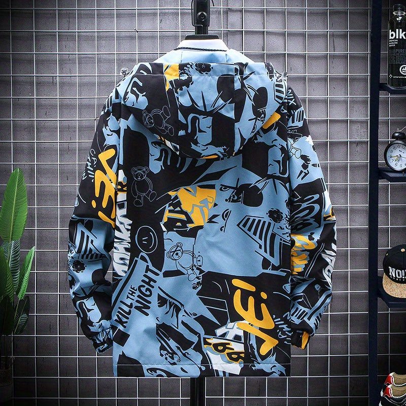 Spring And Autumn Men's Fashion Graffiti Mid Length Windbreaker Popular Hooded And Handsome Men's Jacket Popular Versatile Men's And Women's Same Windbreaker Jacket