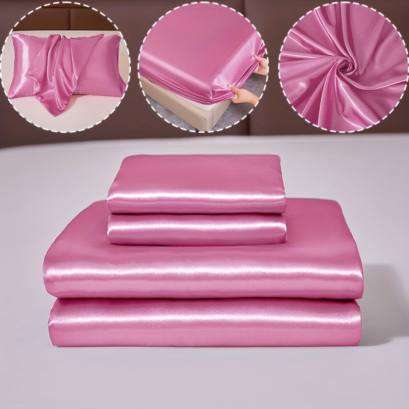3pcs 100% Polyester Satin Bed Sheet Three-Piece Set [1 Sheet 2 Pillowcase (Coreless)] Skin-friendly Soft And Silky Fabric Student Dormitory Daily Home Bedding Mattress Protector All Year Round Machine Washable No Shrinkage No