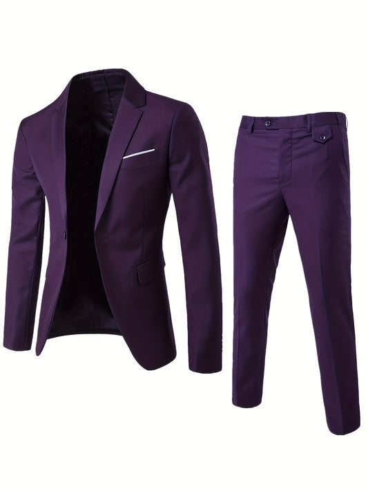 Formal 2 Pieces Set, Men's One Button Suit Jacket & Dress Pants Suit Set For Business Dinner Wedding Party