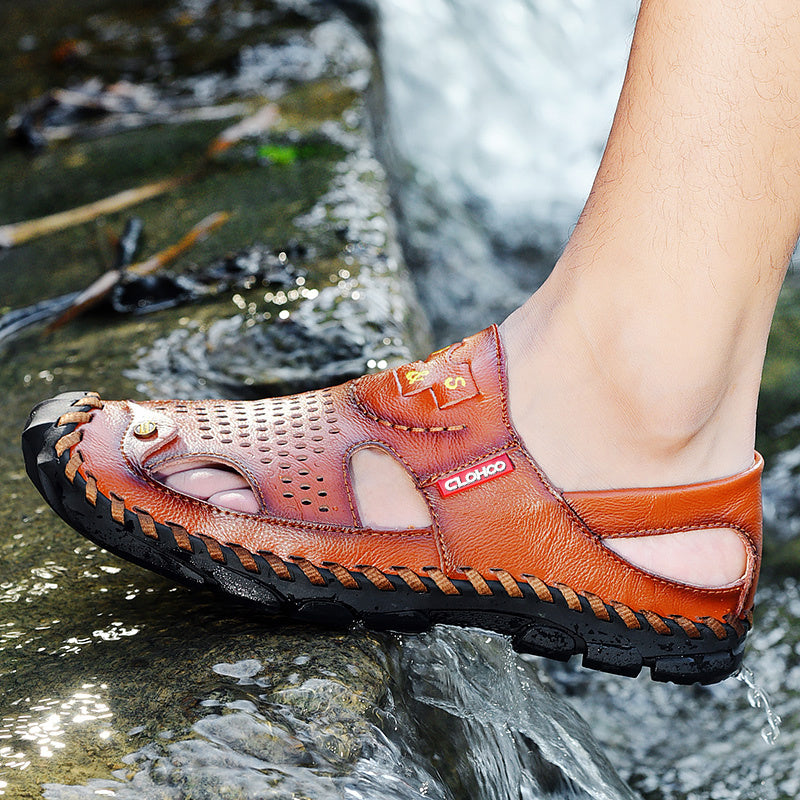 CLOHOO Mens Round Toe Sandals - Durable Handmade Stitching, Non-Slip Rubber Sole, Comfortable PU Insole, Breathable Fabric Lining, Second Layer Cowhide Upper, Slip-On Closure, Perfect for Indoor, Outdoor, Beach, Vacation, Spr