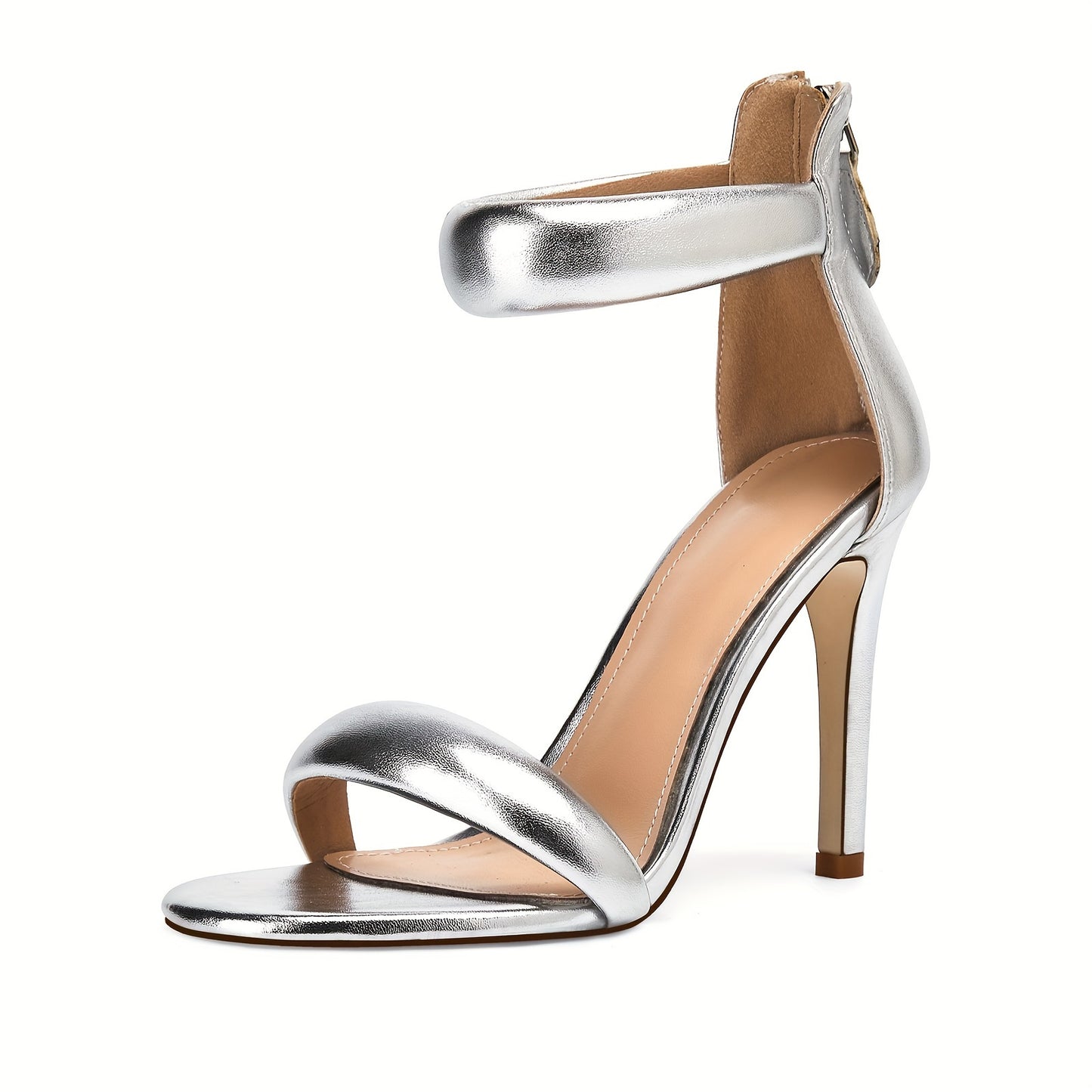 Women's Stiletto Heel Pump Heeled Sandals Pointed Open Toe Ankle Strap Back Zipper Ladies Party Wedding Graduation Prom Girls High Heel Sandal Silver