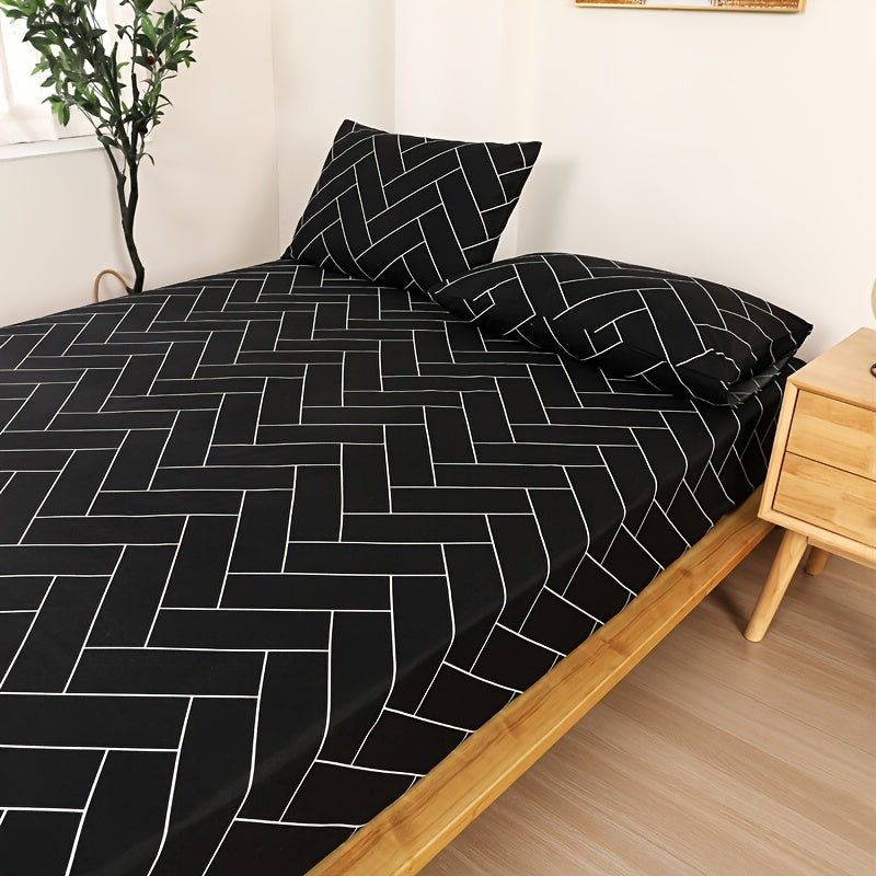 Harrods Experience Luxurious Woven Polyester Bed Sheet Set with Two Pillowcases, Machine Washable, All-Season Durable & Tear-Resistant Flat Net Printed Design - Fitted Sheet with Elastic Corners 11.81-13.39inch Deep