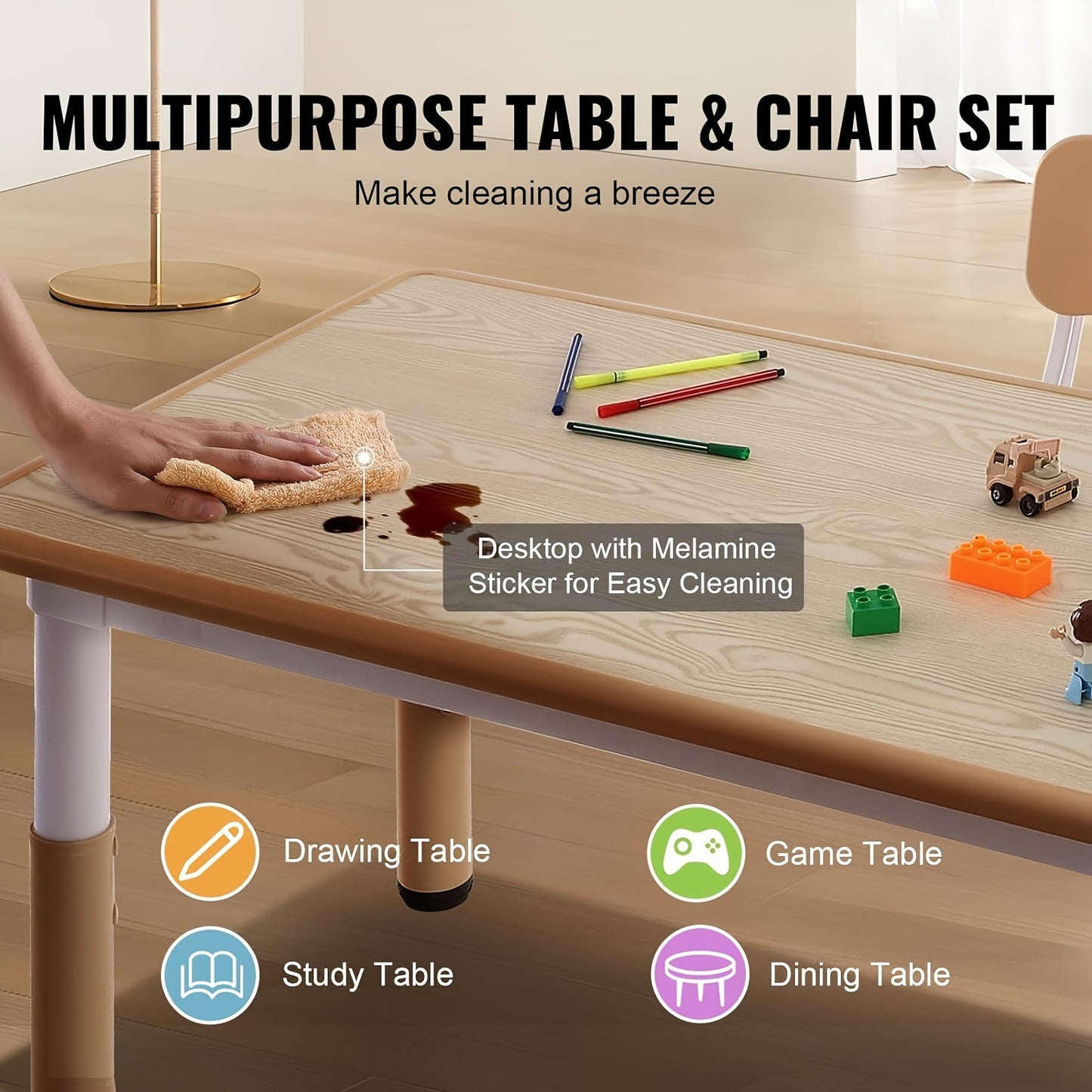Height-Adjustable Table and Chair Set with 2 Chairs, Graffiti-Friendly Surface, Plastic, Multi-Color, Ideal for -8 Years - Interactive Play and Learning Furniture for Classroom, Daycare, or Home Use