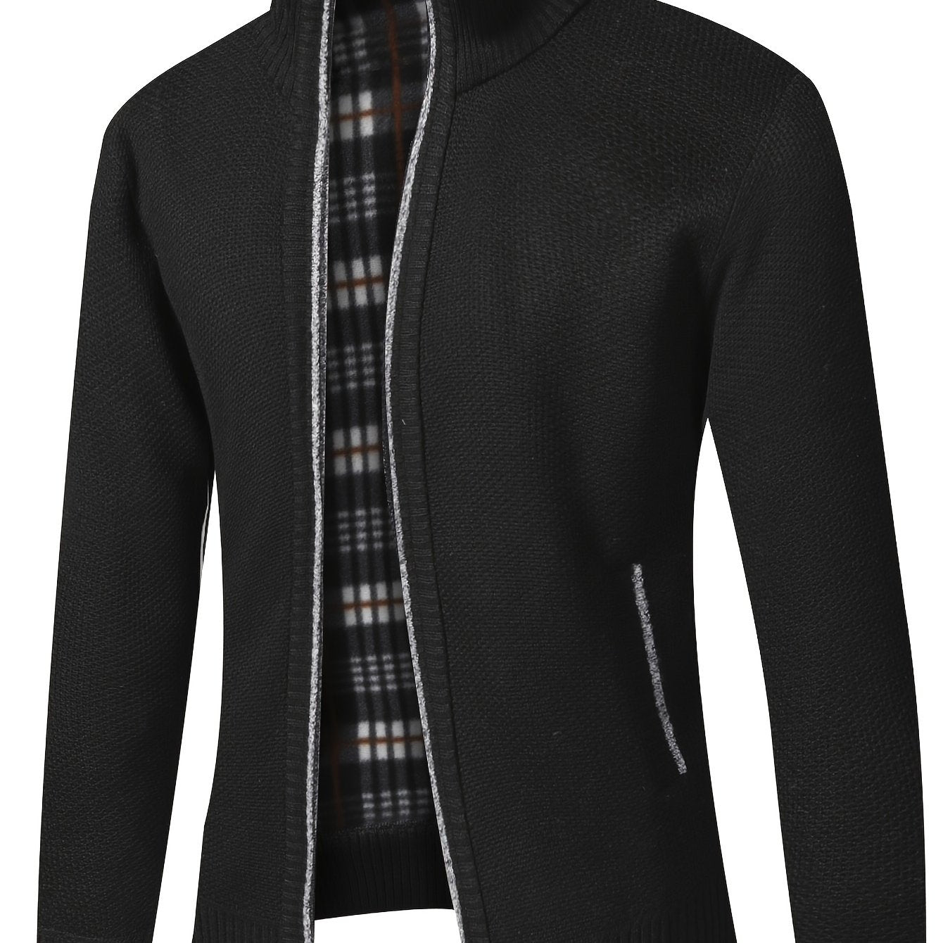 Warm Stand Collar Fleece Jacket, Men's Casual Comfortable Solid Color Zip Up Knitted Cardigan For Spring Fall