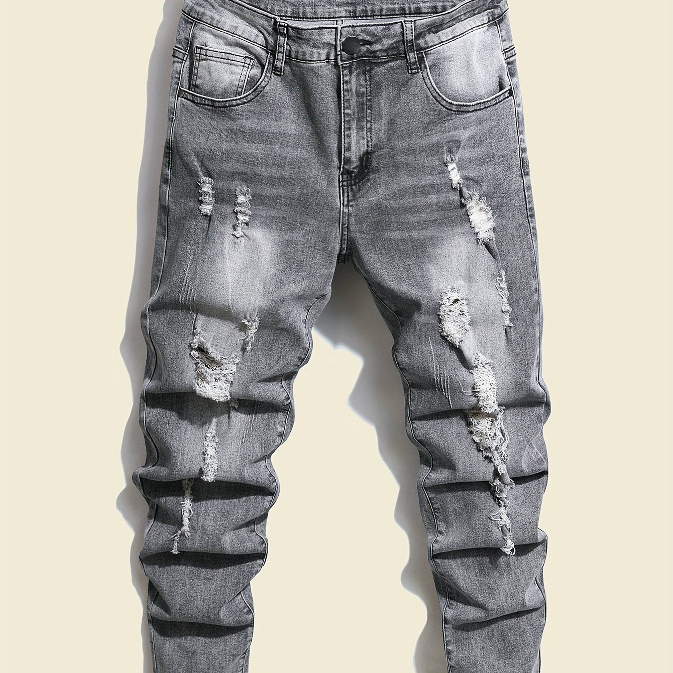 Authentic Straight Leg Distressed Ripped Jeans for Men - Fashion Street Style Denim Pants with Versatile Fit for All Seasons, Comfortable, Durable, and Stylish