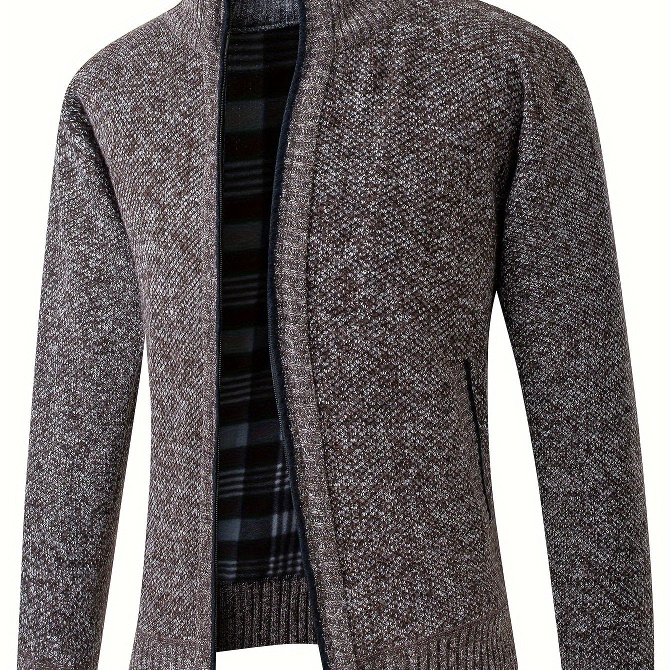 Warm Stand Collar Fleece Jacket, Men's Semi-formal Comfortable Solid Color Zip Up Knitted Cardigan For Spring Fall