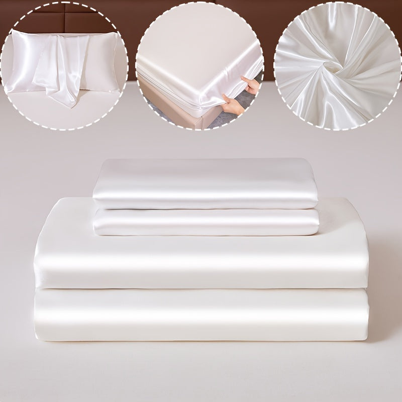 3pcs 100% Polyester Satin Bed Sheet Three-Piece Set [1 Sheet 2 Pillowcase (Coreless)] Skin-friendly Soft And Silky Fabric Student Dormitory Daily Home Bedding Mattress Protector All Year Round Machine Washable No Shrinkage No