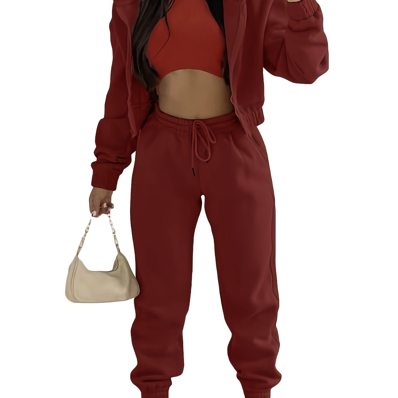 Three-Piece Casual Outfit Set - Zip-Up Hooded Jacket, Sleeveless Crew Neck Tank Top, and Drawstring Elastic Waist Jogger Pants - Comfortable, Versatile, and Stylish Women's Clothing for Everyday Wear