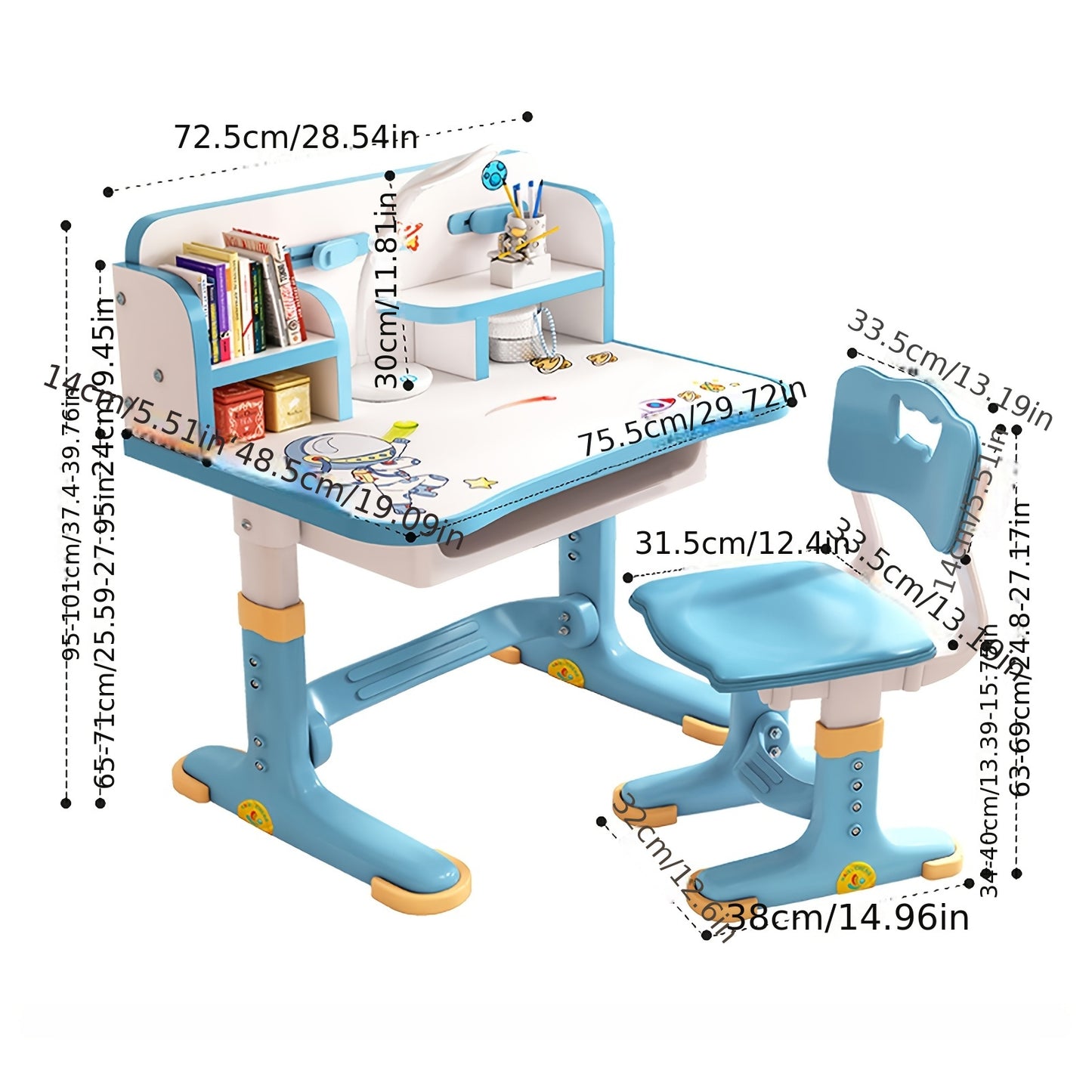 2 Piece Set 41.37*28.57*19.11 inch Multi Bookcase Wider Desktop Table and Chair Set Cartoon Pattern Children Adjustable Height Study Drawer Table with Chair Set