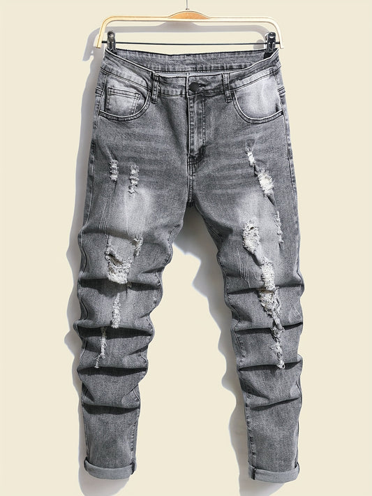Authentic Straight Leg Distressed Ripped Jeans for Men - Fashion Street Style Denim Pants with Versatile Fit for All Seasons, Comfortable, Durable, and Stylish