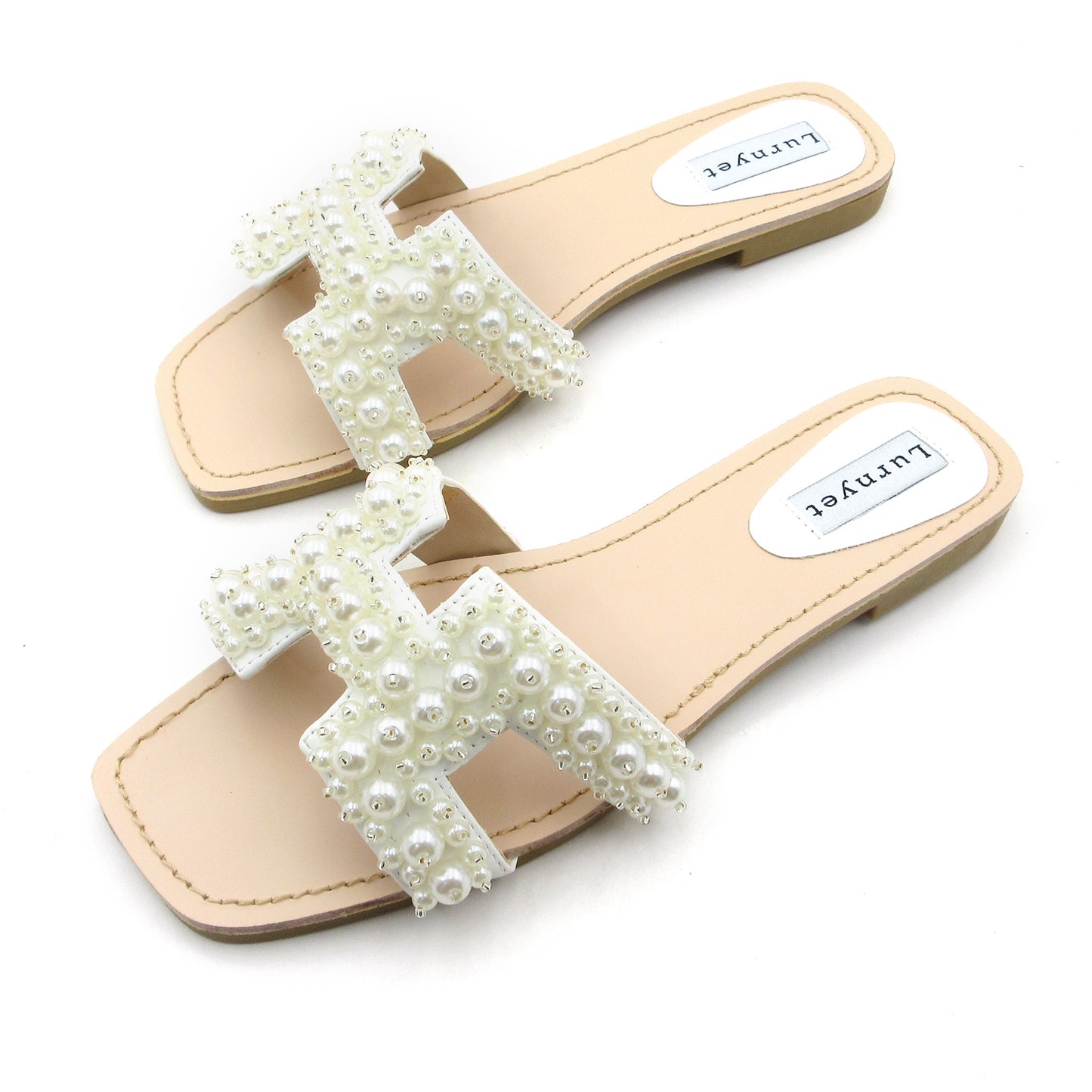 Lurnyet Women's Pearl Embellished Band Flat Sandal for Outdoor Casual