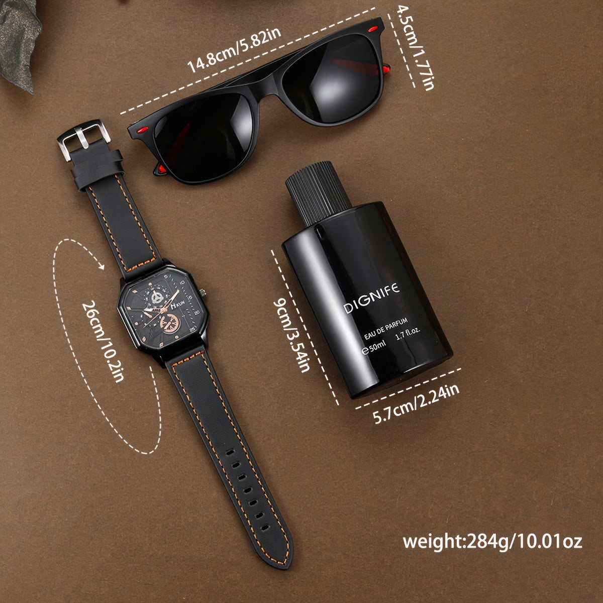 Men's Watch Gift Set Trio: Quartz Movement, Non-Waterproof Zinc Alloy Case with PU Leather Strap, Glasses & Eau de Parfum, Classic Minimalist Style Bundle - Ideal Birthday or Holiday Present for Him