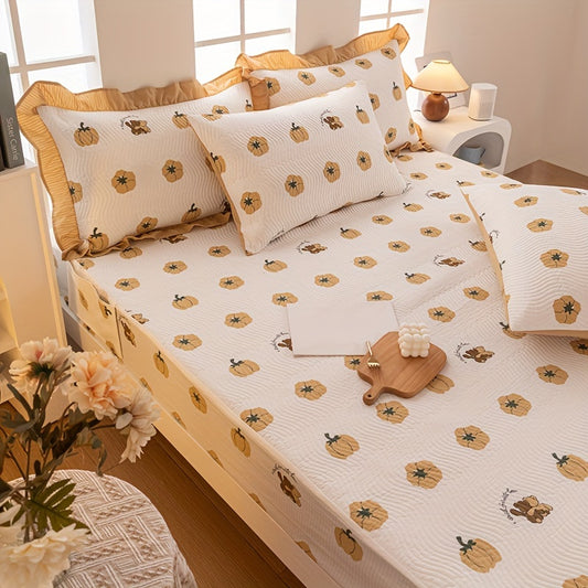 Breathable Quilted Bed Sheet Set with Ruffles - Cartoon Pumpkin Print, Polyester, Machine Washable, Includes Fitted Sheet, 4 Pillowcases with Frills & Smooth Texture, All-Season Comfort - Fits Mattress up to 12 Inches