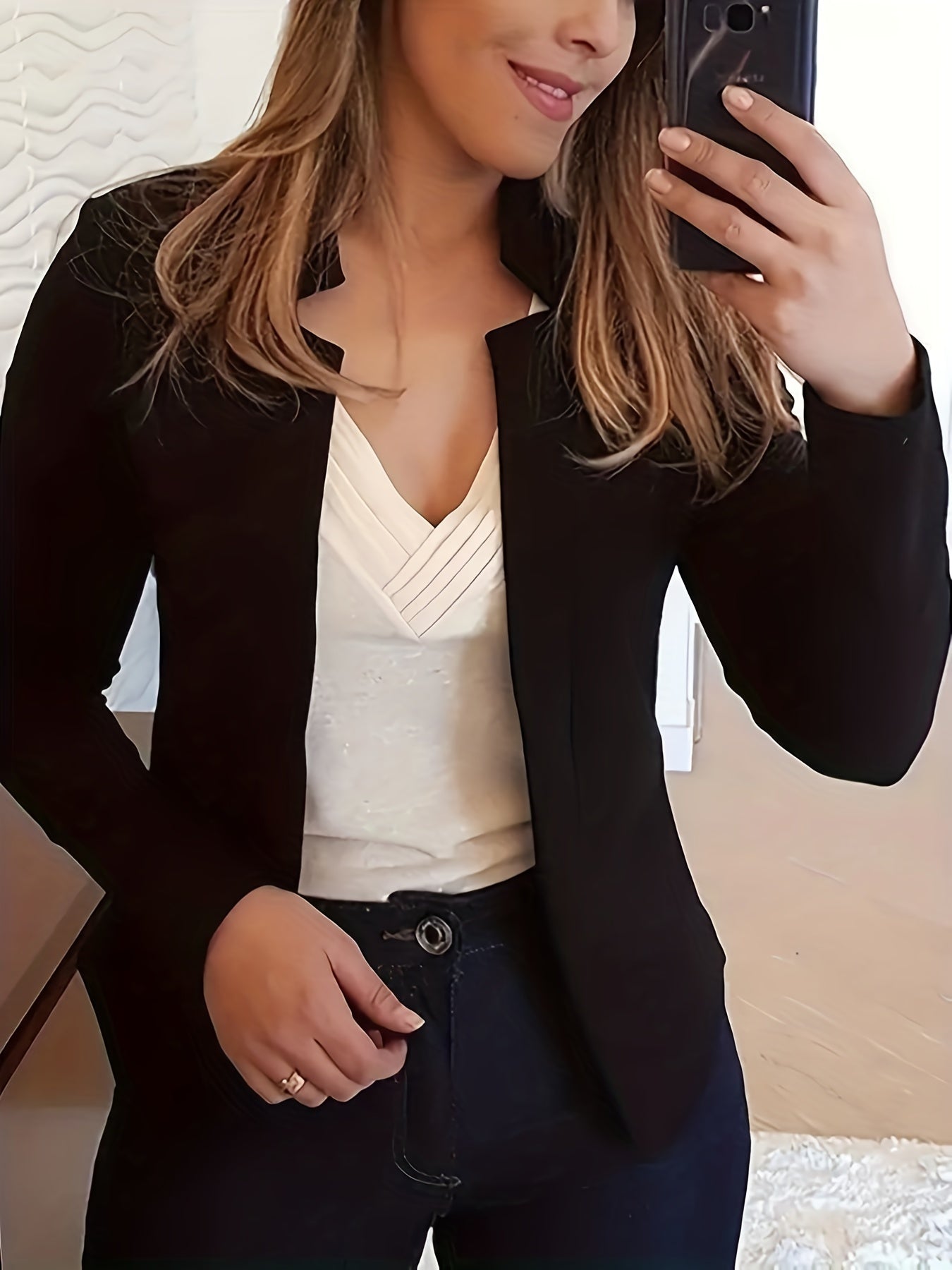 [Everyday Comfort] Women's Elegant Solid Color Polyester Blazer - 95% Polyester, 5% Spandex Knit Fabric, All-Season Stand Collar Jacket for Adults