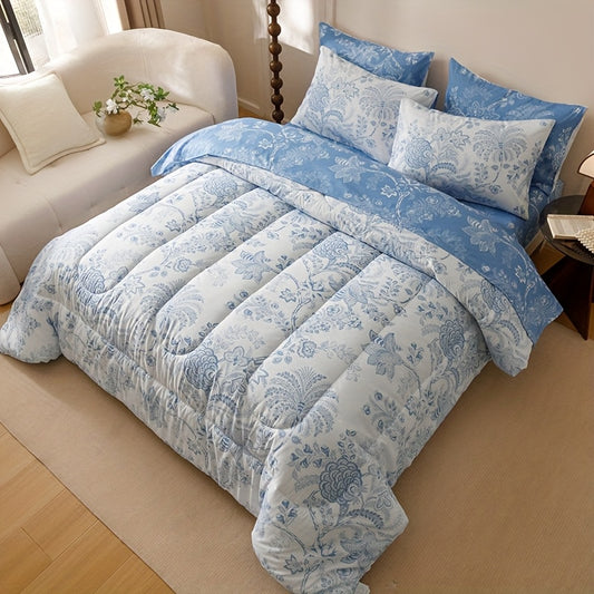 7pcs Blue Flower Plant Design Two-sidedlarge Sizeextra Large Quilt Set (1 Quilt +1 Bed Cap +1 Bed Sheet +4 Pillowcase Without Pillow Core), Contains Padding 180gsm Quilting Soft Ventilate The Four Seasons Apply Bedroom Dormit