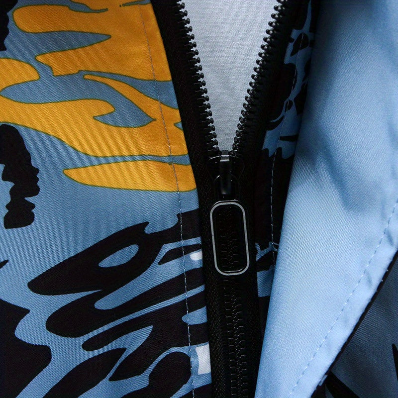 Spring And Autumn Men's Fashion Graffiti Mid Length Windbreaker Popular Hooded And Handsome Men's Jacket Popular Versatile Men's And Women's Same Windbreaker Jacket