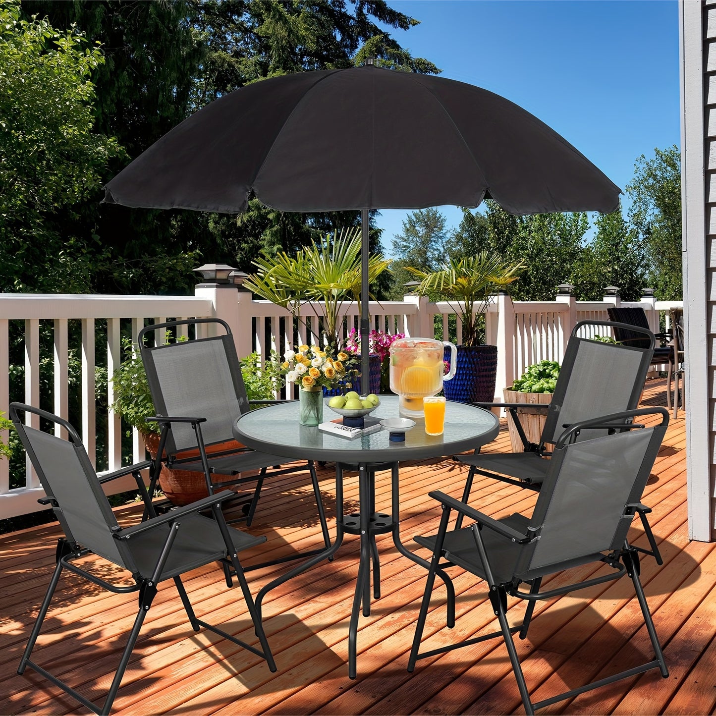 Vongrasig 6 Piece Folding Patio Dining Set, Small Metal Outdoor Garden Patio Table and Chair Set w/Umbrella for Lawn, Deck, Backyard