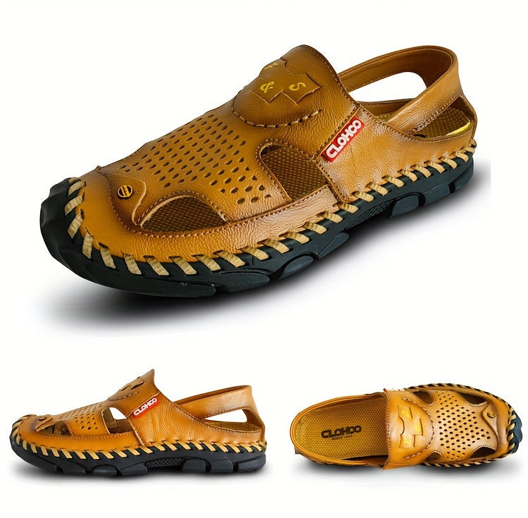 CLOHOO Mens Round Toe Sandals - Durable Handmade Stitching, Non-Slip Rubber Sole, Comfortable PU Insole, Breathable Fabric Lining, Second Layer Cowhide Upper, Slip-On Closure, Perfect for Indoor, Outdoor, Beach, Vacation, Spr