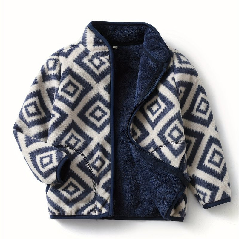 New Boys Vintage Plaid Printed Casual Thickened Warm Stand Collar Zipper Jacket