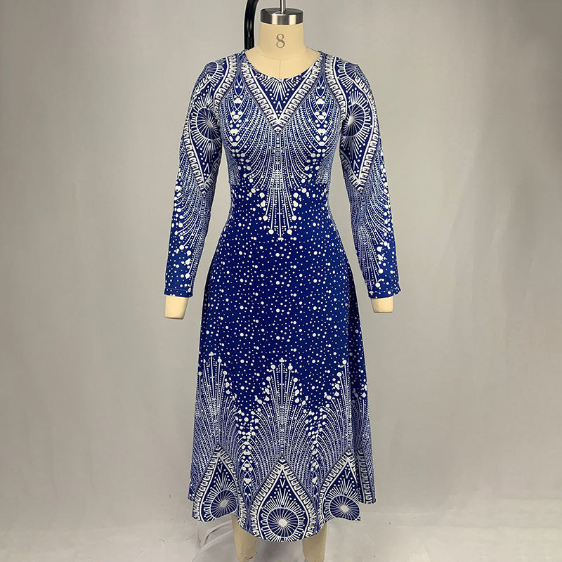 Women's Plus Size Elegant V-Neck Long Sleeve A-Line Dress With Starry Sky Print, Slim-Fit Flowy Maxi Dress For Holiday & Party Wear