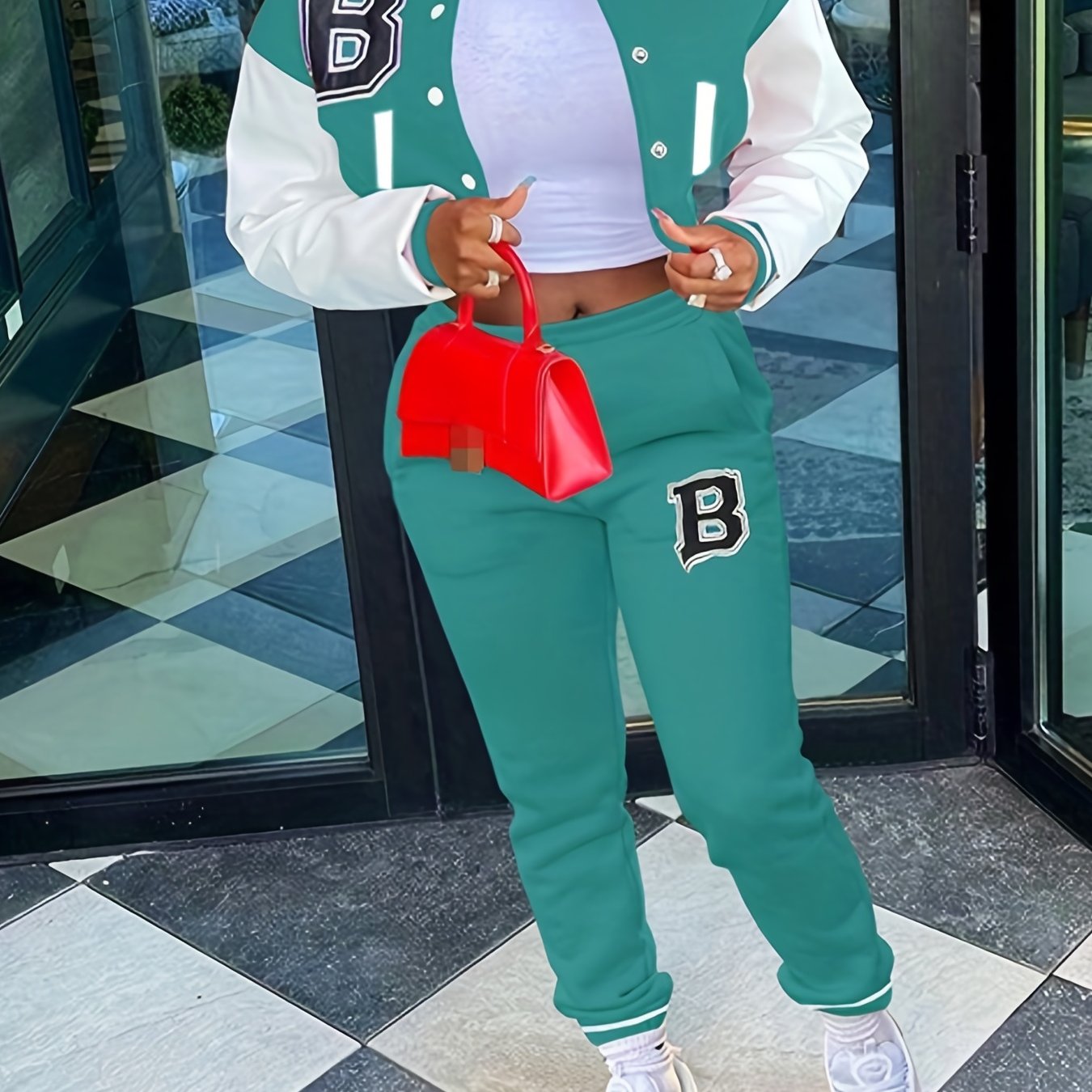 Sporty Chic, Women's Casual Letter Print Baseball Jacket and Pants Set - Red and White, Polyester Blend, Machine Washable, Fall/Winter Fashion Ensemble