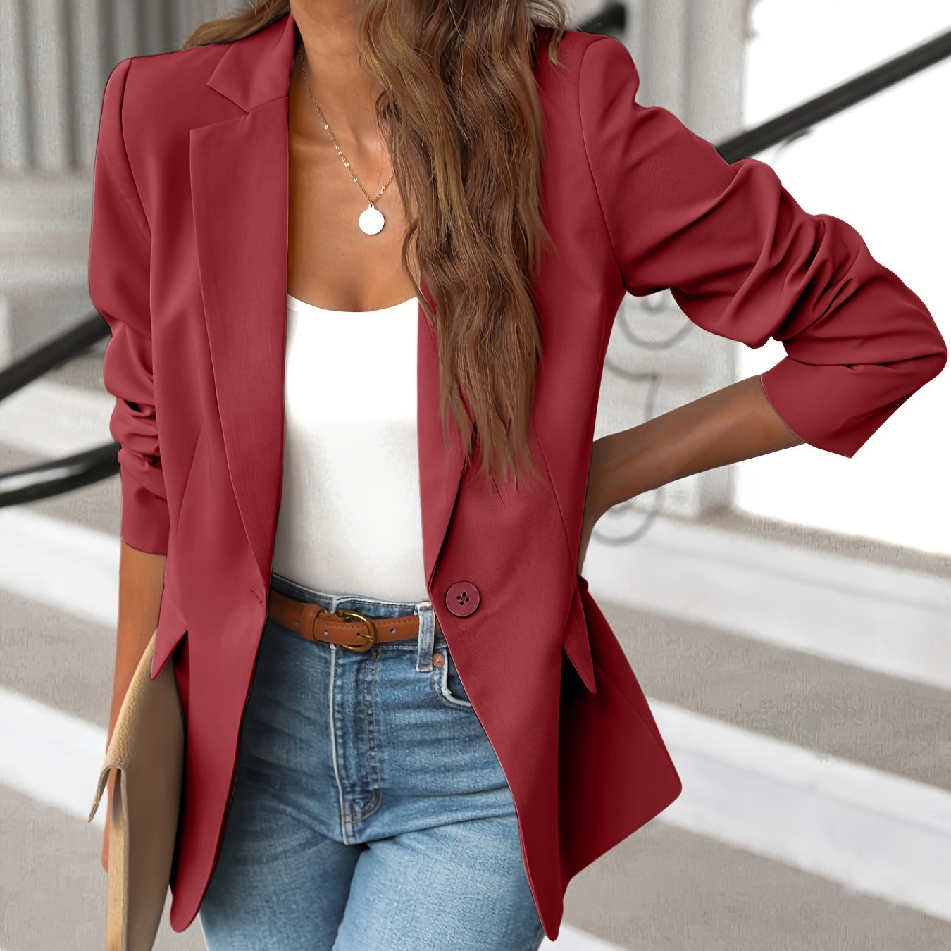 [Long Sleeve Work Blazer Jacket] Solid Lapel Blazer Jacket, Casual Long Sleeve Work Office Outerwear With Pockets, Women's Clothing