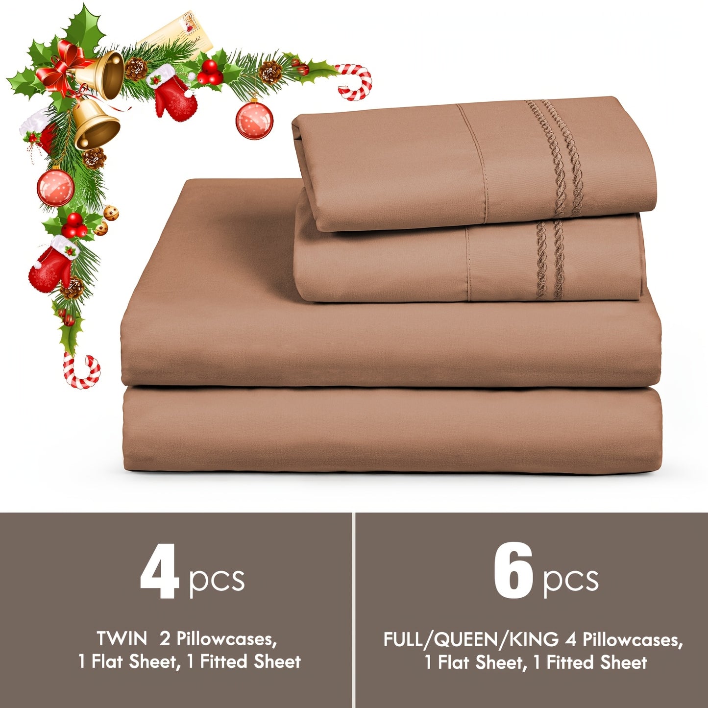 ClevaHome 6pcs Sheet Set Deep Pocket- Ultra Soft Machine Washable Luxury Bed Sheet Set - Shrinkage & Fade Resistant Embroidered Bedding Sheet, Christmas Bedding Supplies Replacement (4PCS for TWIN Size Sheet)