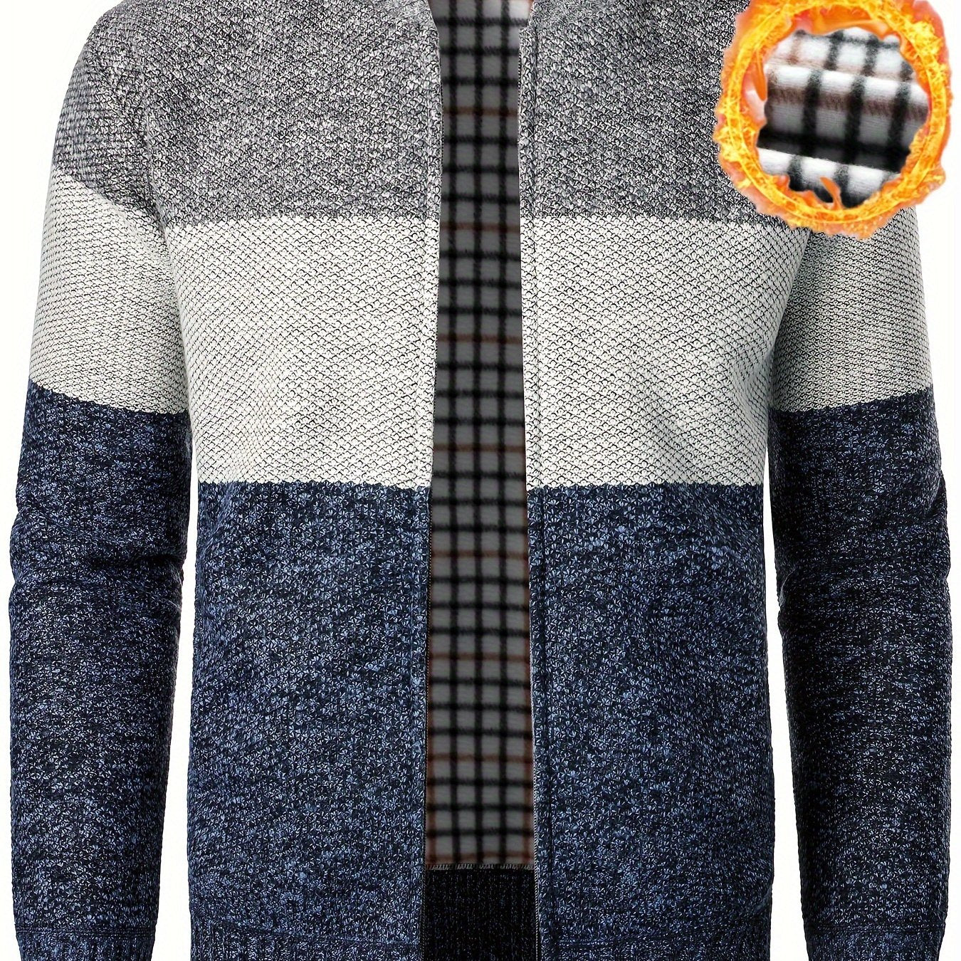 Men'S Casual High Neck Fleece Jacket, Color Block Knit Polyester Cardigan, Mid Stretch Zip-Up Fall/Winter Outerwear, Regular Fit with Placket Closure, Thick