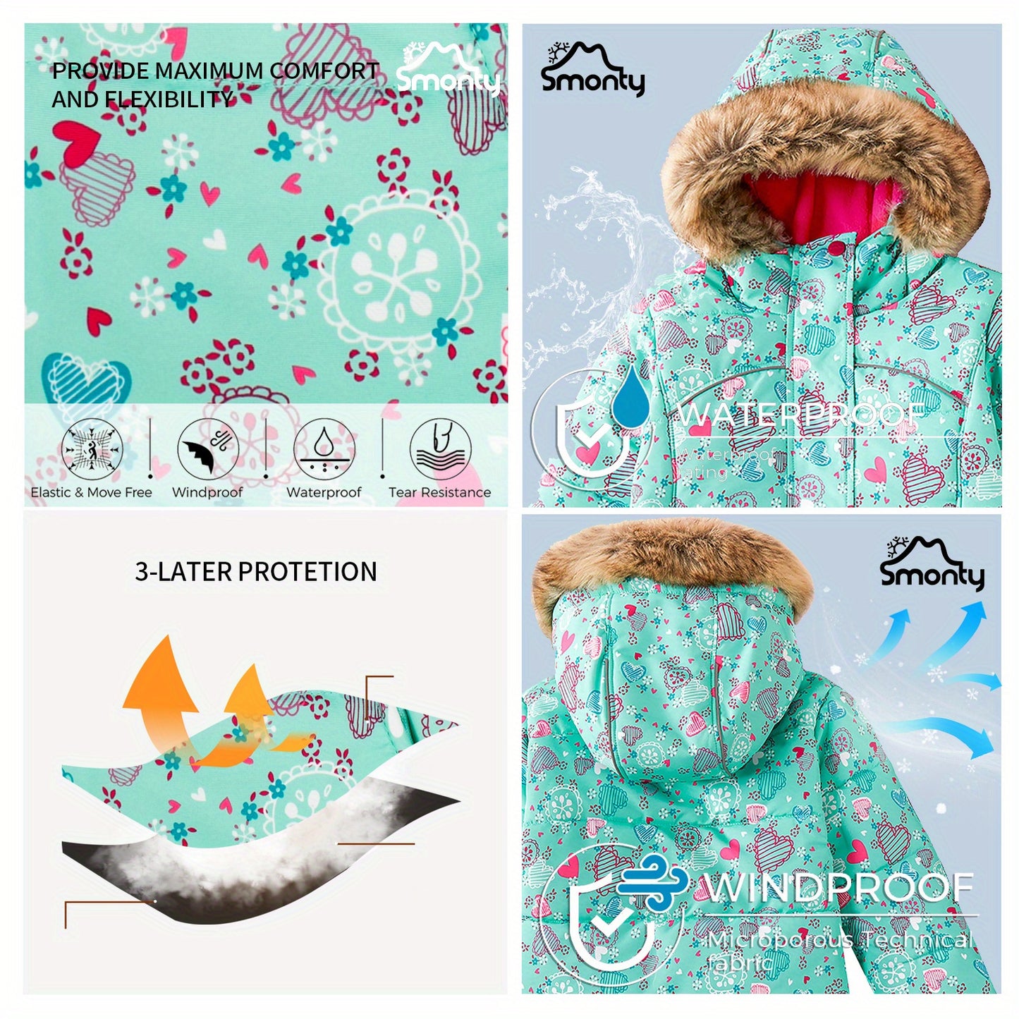 Kids' Waterproof and Warm Snowflake Ski Jacket - Insulated Hooded Winter Coat with Adjustable cuffs, Hem and Waistband - Ideal for Girls' Winter Outdoor Activities