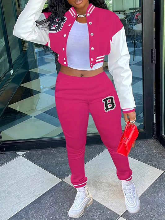 Sporty Chic, Women's Casual Letter Print Baseball Jacket and Pants Set - Red and White, Polyester Blend, Machine Washable, Fall/Winter Fashion Ensemble