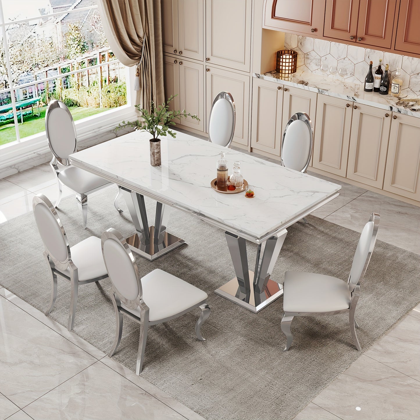 7-piece Luxury Dining Table And Chair Set. One 70-inch Cultured Marble Table With 6 Leather Chairs | Perfect For Kitchens, Home Dining Rooms And Hotel Restaurants