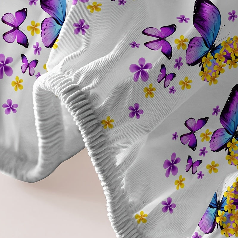 1pc Brushed Fitted Sheet, Soft Comfortable Butterfly Floral Print Bedding Fitted Sheet, For Bedroom, Guest Room, With Deep Pocket, Fitted Bed Sheet Only, Without Pillowcase