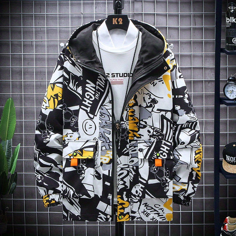 Spring And Autumn Men's Fashion Graffiti Mid Length Windbreaker Popular Hooded And Handsome Men's Jacket Popular Versatile Men's And Women's Same Windbreaker Jacket
