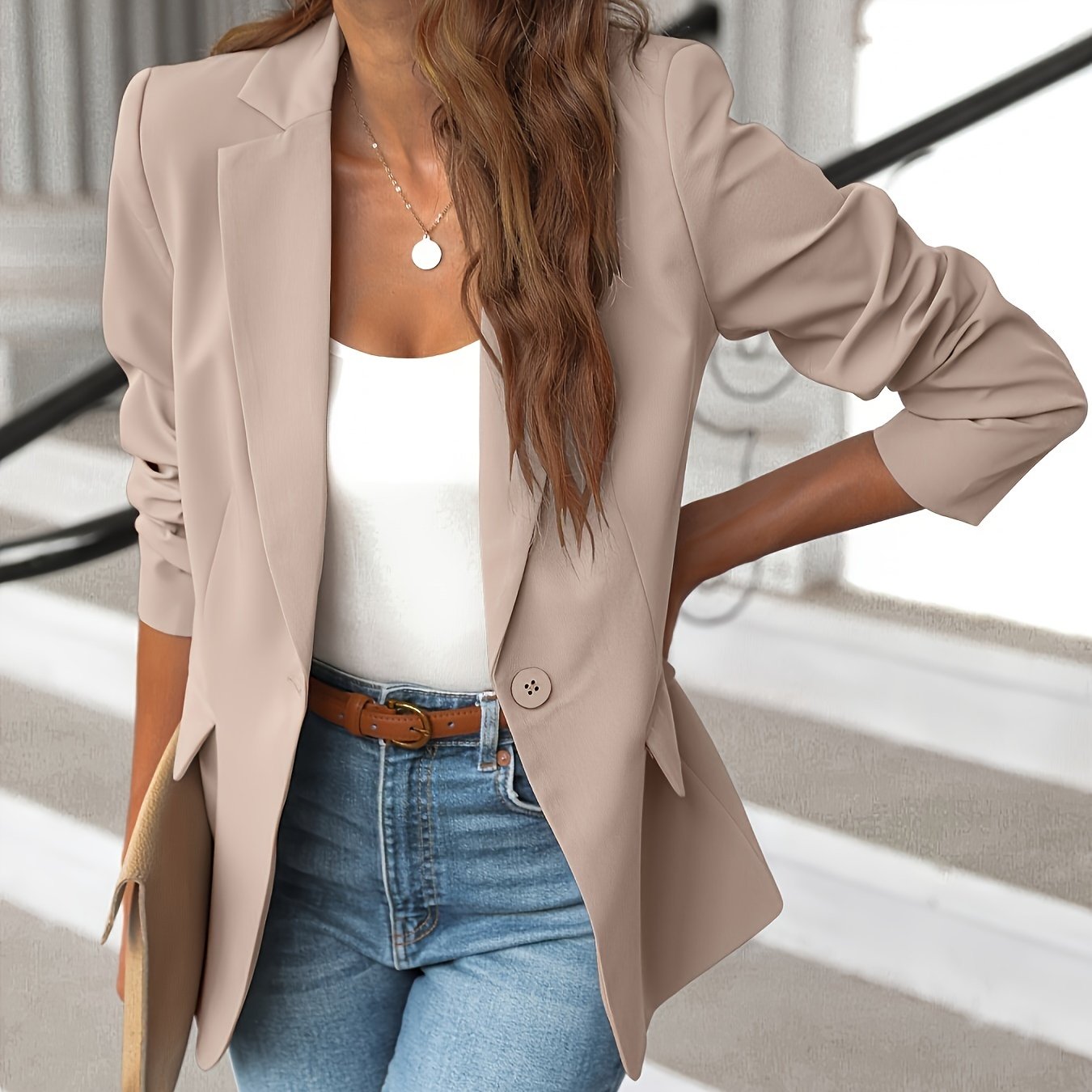 [Long Sleeve Work Blazer Jacket] Solid Lapel Blazer Jacket, Casual Long Sleeve Work Office Outerwear With Pockets, Women's Clothing
