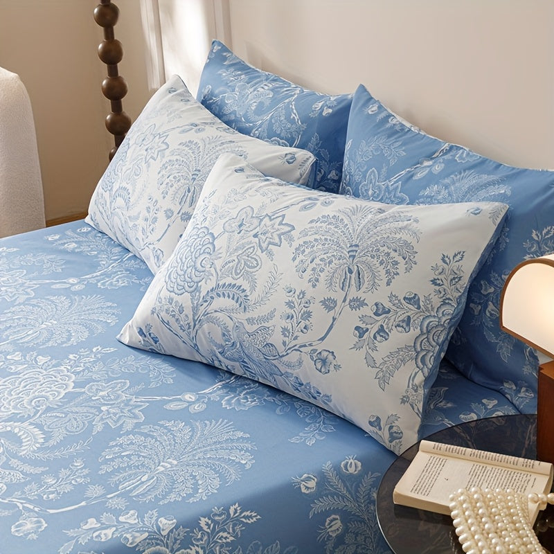 7pcs Blue Flower Plant Design Two-sidedlarge Sizeextra Large Quilt Set (1 Quilt +1 Bed Cap +1 Bed Sheet +4 Pillowcase Without Pillow Core), Contains Padding 180gsm Quilting Soft Ventilate The Four Seasons Apply Bedroom Dormit