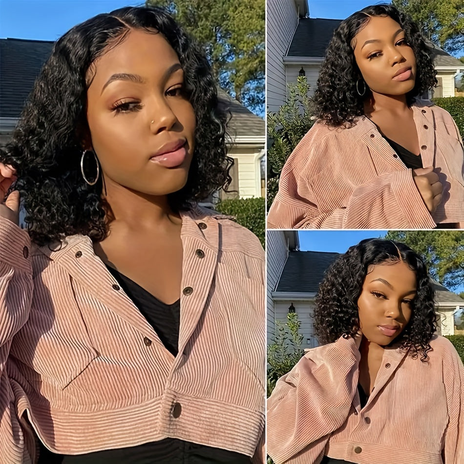 Glamorous Deep Wave Brazilian Human Hair Wig for Women - Glueless 4x4 Transparent Lace Frontal, Pre-Plucked, Free Part, 150% Density, Natural Black