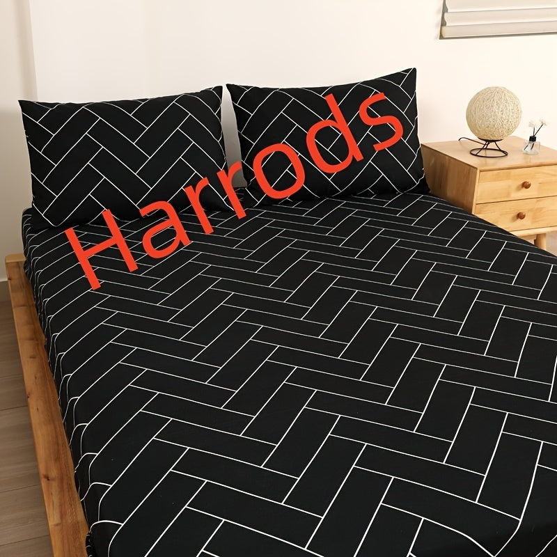 Harrods Experience Luxurious Woven Polyester Bed Sheet Set with Two Pillowcases, Machine Washable, All-Season Durable & Tear-Resistant Flat Net Printed Design - Fitted Sheet with Elastic Corners 11.81-13.39inch Deep